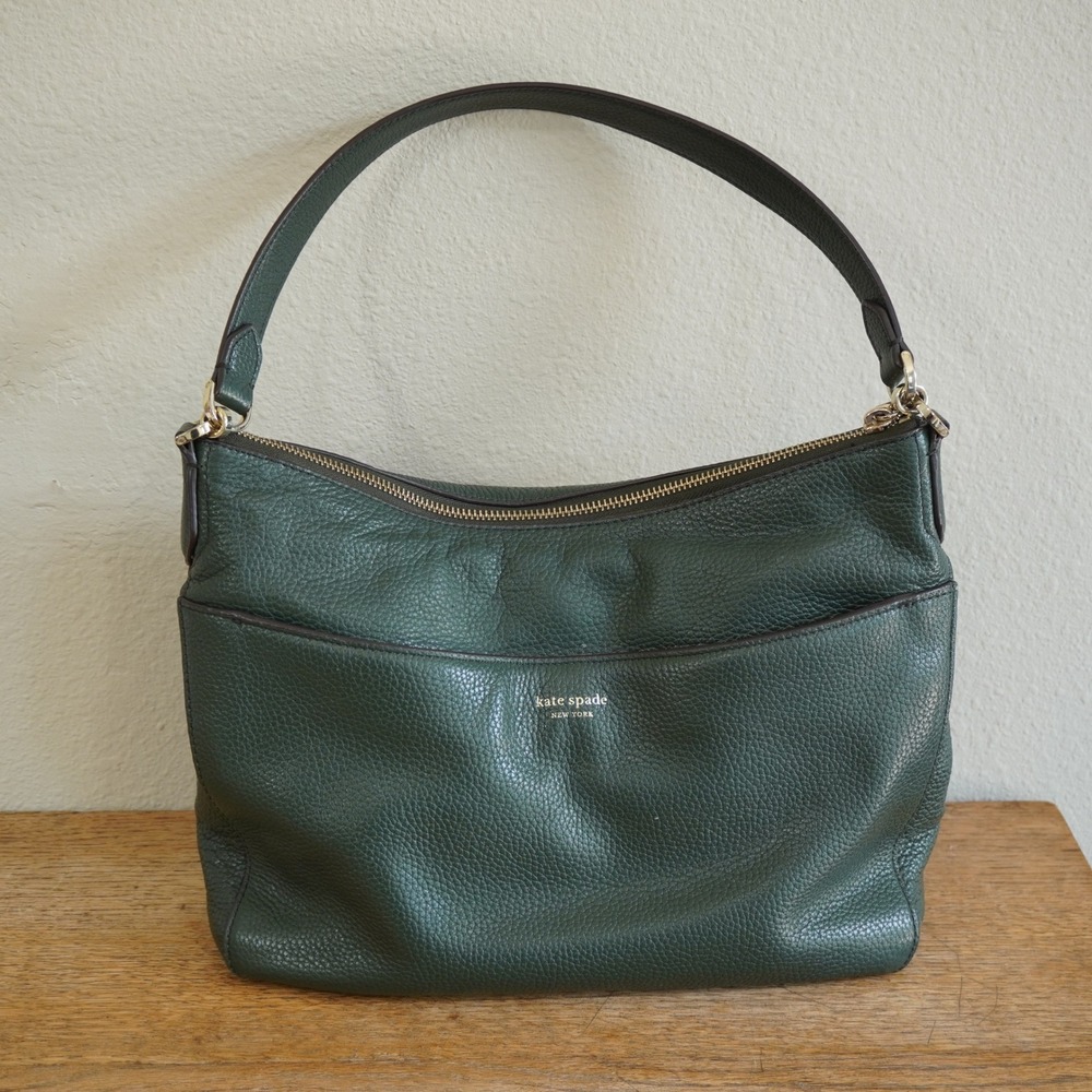 Kate Spade New York Pebbled Leather Hobo Shoulder Bag Forest Green Gold Hardware